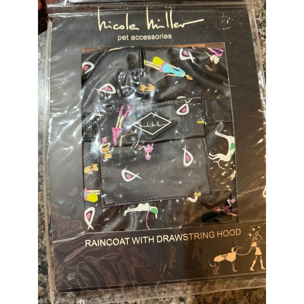 Nicole Miller Dog Raincoat with Drawstring Hood Fashion Print Black Small